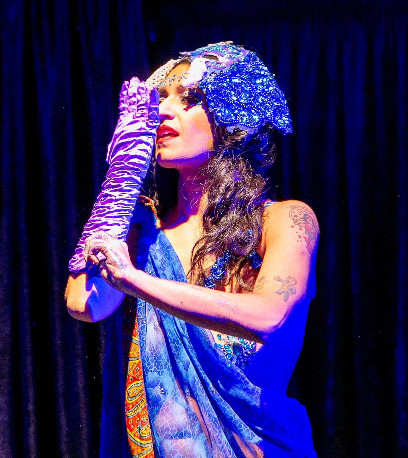 Bollywood and burlesque performer Bolly Ditz Dolly performing her 'Elephant' act for Invisible Cabaret